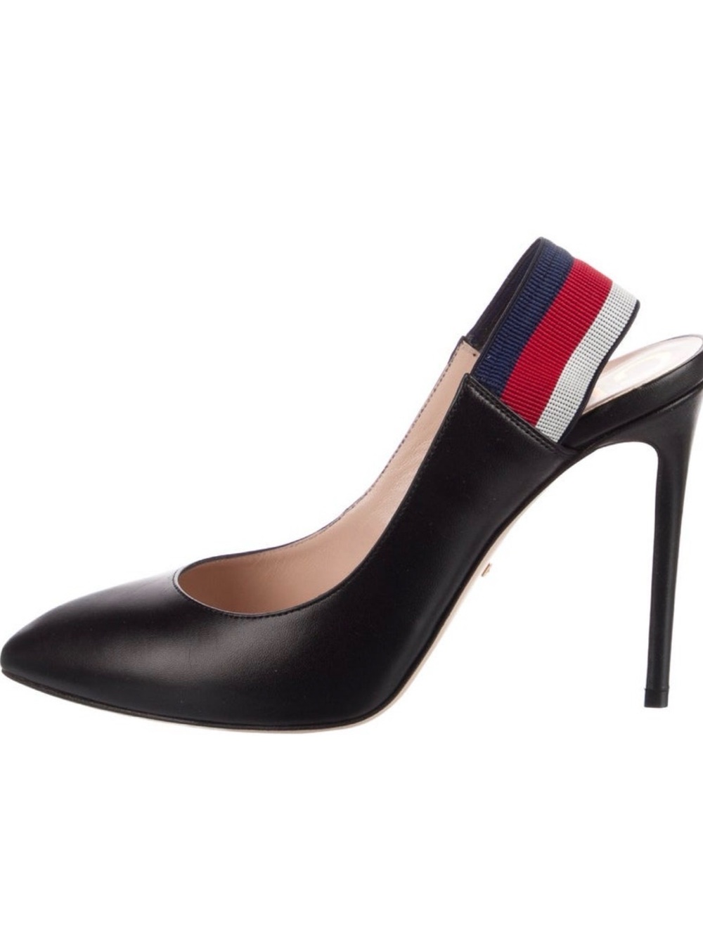 Gucci Black Leather Pointed Slingback Pump with Red/Navy/White Strap